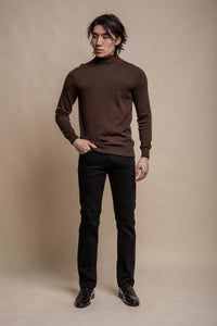 House of Cavani Karris brown roll neck jumper, cozy knit sweater in warm brown with high neckline and long sleeves.