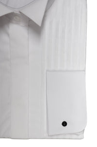 White pleated wing tip collar cotton formal shirt by Colin Ross, featuring button front and classic fit.