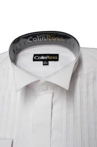 Colin Ross white pleated wing tip collar cotton formal shirt with button front and long sleeves.