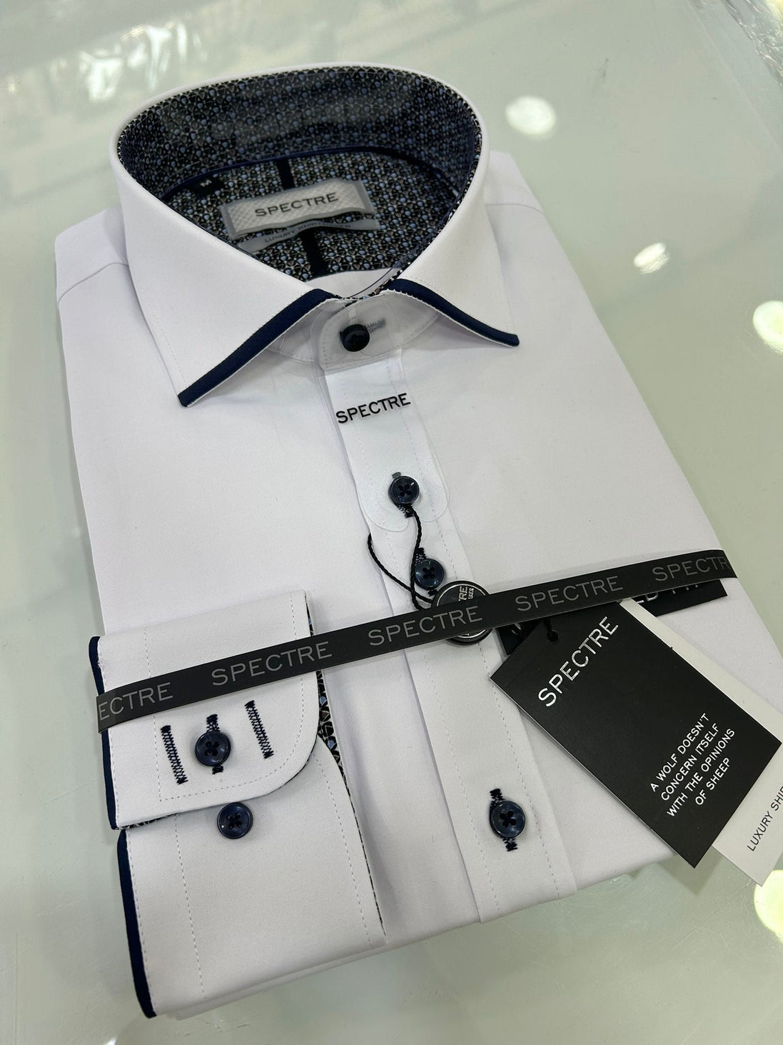 Spectre White Shirt With Navy Collar Tipping