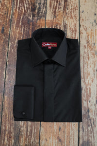 Black Colin Ross formal shirt with a classic collar and button front, displayed on a hanger.