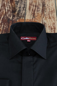 Black Colin Ross formal shirt displayed on a hanger, showcasing the plain design and classic collar style.