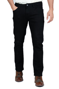 DML Deep Black Straight Fit Jeans shown on a hanger with detailed stitching and classic five-pocket design.