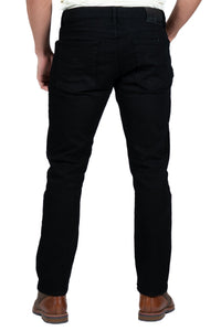 DML Deep Black Straight Fit Jeans displayed on a hanger, showcasing the classic design and sleek black color.