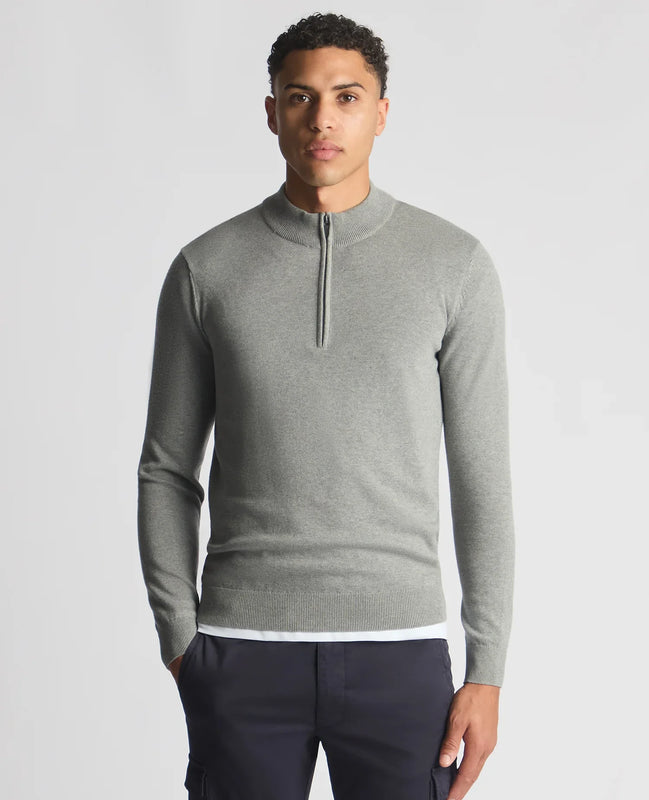 Remus Uomo Light Grey Tapered Fit Half Zip Cotton Sweater