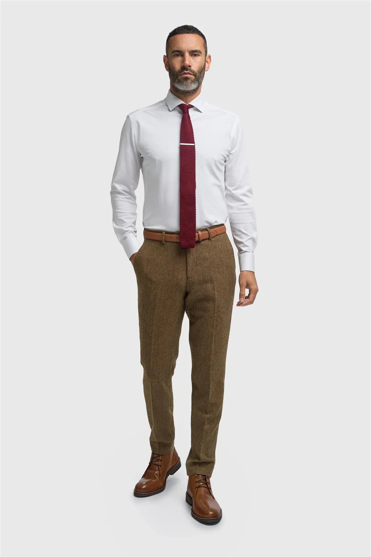 House of Cavani Thomas brown trousers, tailored men's dress pants with a sleek fit and classic style, front view.