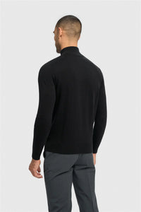 House of Cavani Ivano 1/4 Zip Jumper, close-up of navy blue knit sweater with quarter-zip neckline and ribbed cuffs.
