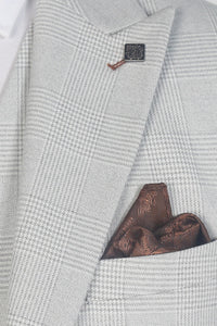Paul Andrew Mark stone Glen check blazer with tailored fit and classic pattern, displayed on a hanger.