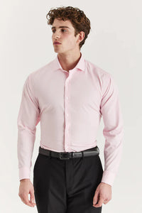 Pink cutaway collar shirt by Paul Andrew Oliver for Master Debonair, shown with front buttons and tailored fit.