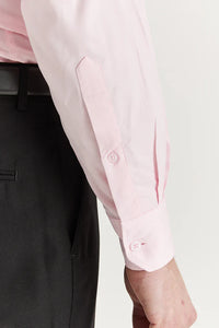 Pink cutaway collar shirt by Paul Andrew Oliver for Master Debonair, shown in a detailed image highlighting the fabric and collar design.