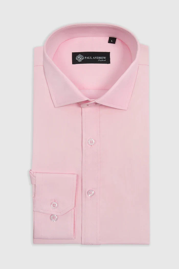 Pink cutaway collar shirt by Paul Andrew Oliver, stylish men's fashion shirt with a modern design and vibrant color.