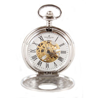 Silver patterned half hunter mechanical pocket watch by David Aster with intricate design and open-face display.