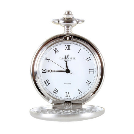 Silver brushed quartz full hunter pocket watch with chain, featuring a classic face and elegant design by Paul Andrew.