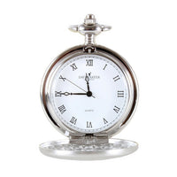 Silver brushed quartz full hunter pocket watch with chain, featuring a classic face and elegant design by Paul Andrew.