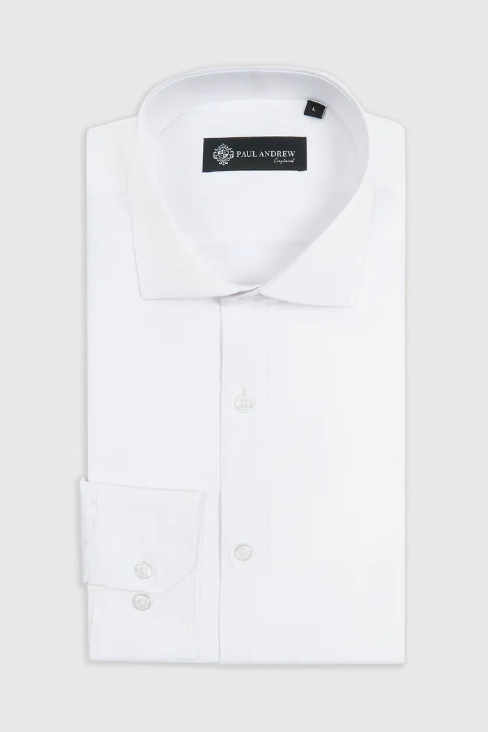 White Paul Andrew Oliver shirt with cutaway collar, designed by Master Debonair, shown on a plain background.