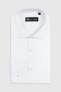 White Paul Andrew Oliver shirt with cutaway collar, designed by Master Debonair, shown on a plain background.