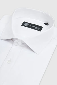 White Paul Andrew Oliver shirt with cutaway collar, displayed on a hanger, showcasing its crisp fabric and tailored fit.