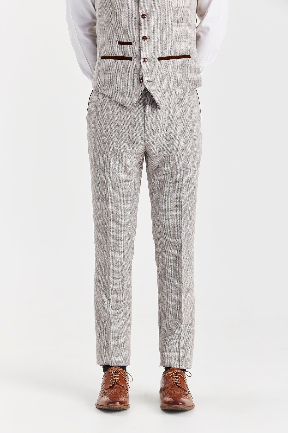 Paul Andrew Mark stone Glen check trousers featuring tailored fit and classic pattern, displayed on a hanger.