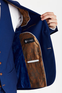 Men's blue textured blazer by Paul Andrew, Mayfair style, shown on a model, featuring tailored fit and stylish lapels.