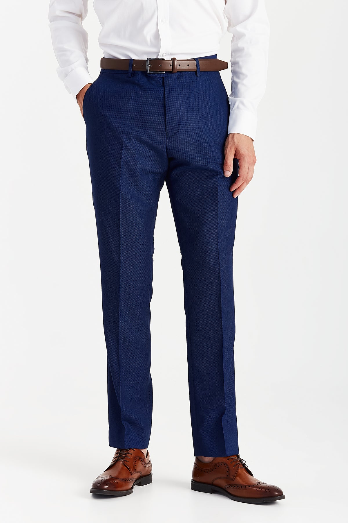 Paul Andrew blue tailored trousers from the Mayfair collection, featuring a slim fit and classic design, displayed on a mannequin.