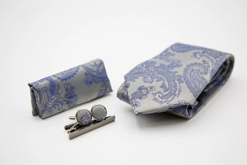 Paul Andrew Silver & Blue Paisley Tie Set