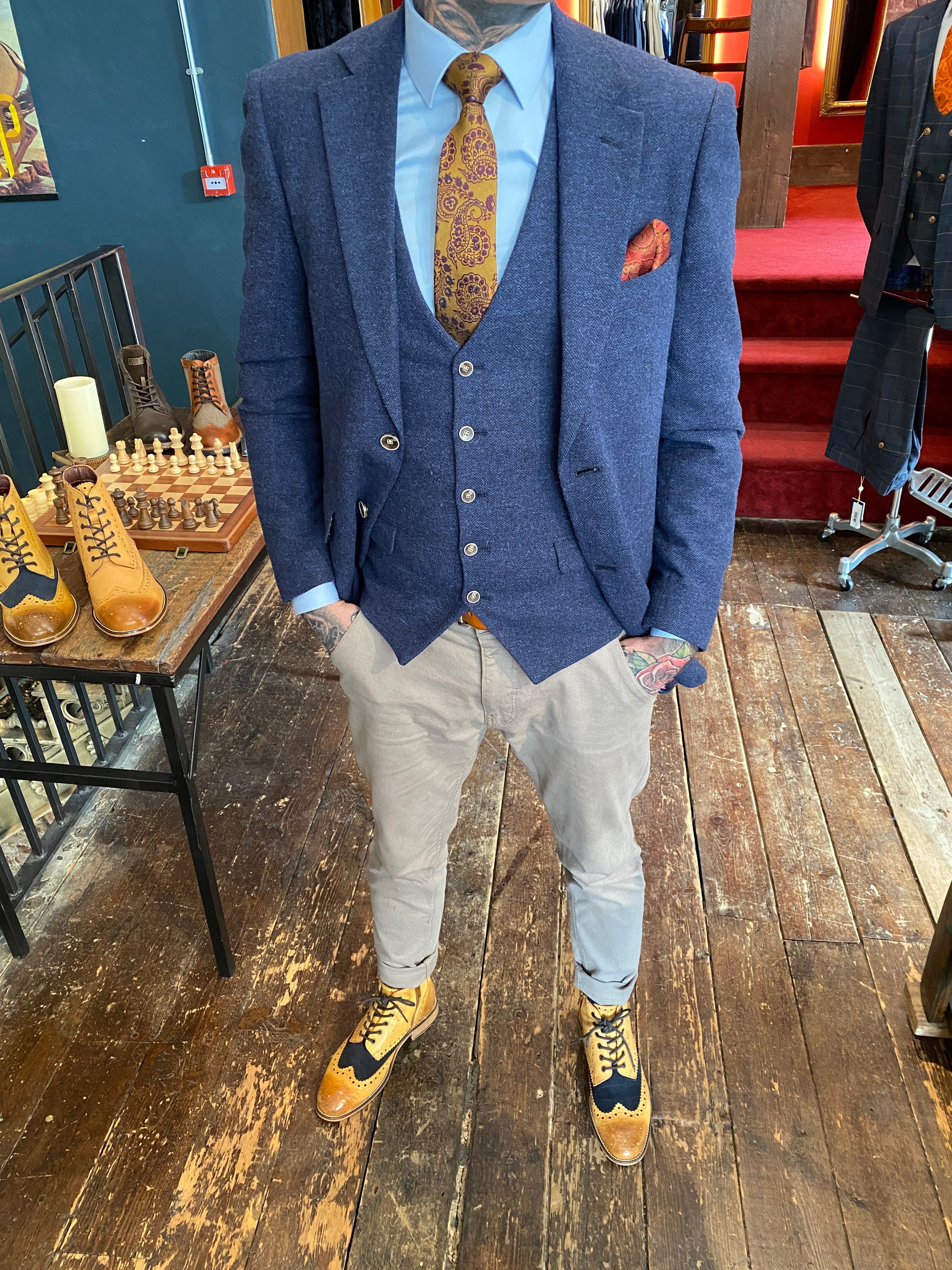 Blue chinos shop and jacket