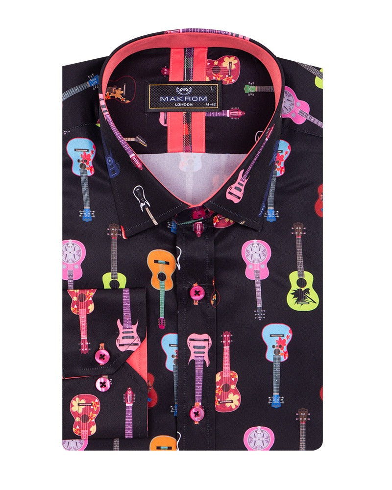 Black vintage guitar print men's formal shirt by Spectre, featuring a stylish design with musical instrument artwork.