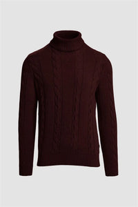 House of Cavani Archie Wine Rollneck Jumper displayed on a hanger, featuring a cozy fit and rich wine color.