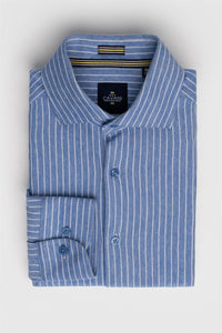 Colin Ross Cavani blue stripe formal shirt with classic collar and long sleeves, displayed on a hanger.