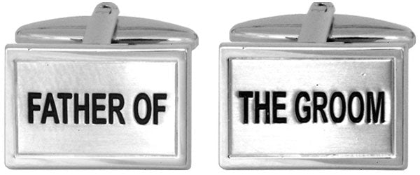 Paul Andrew Father of the Groom cufflinks attached to a stylish tie, elegant accessories for wedding attire.