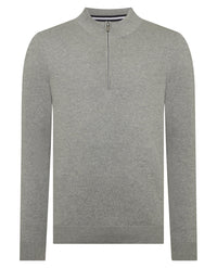 Remus Uomo Light Grey Tapered Fit Half Zip Cotton Sweater