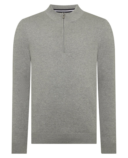 Remus Uomo Light Grey Tapered Fit Half Zip Cotton Sweater