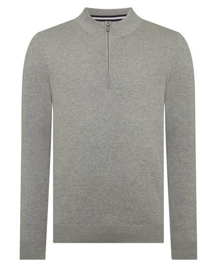 Remus Uomo Light Grey Tapered Fit Half Zip Cotton Sweater