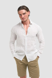 Colin Ross Cavani white stripe linen formal shirt with long sleeves and classic collar, displayed on a hanger.