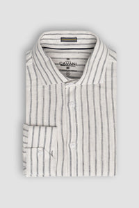Colin Ross Cavani white stripe linen formal shirt with long sleeves and classic collar, displayed on a hanger.