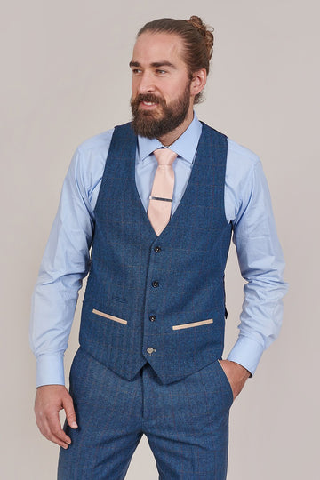 Marc Darcy Dion Blue Tweed Herringbone Waistcoat – Master Debonair
