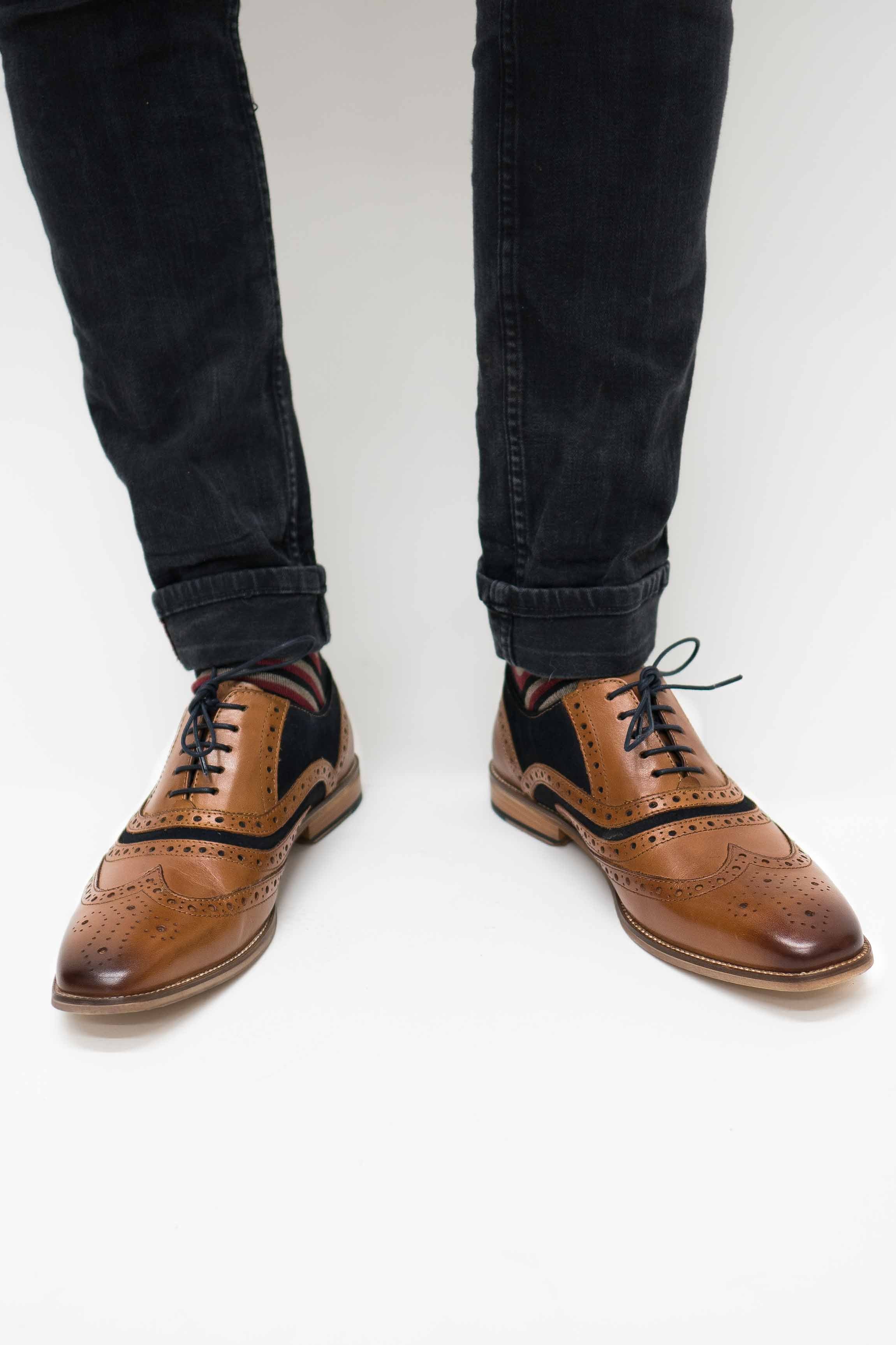 Roamers Tan Navy Suede Brogues
