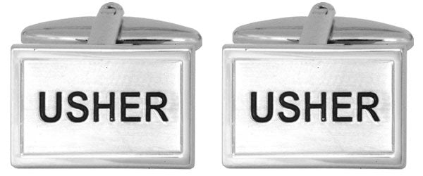 Paul Andrew Usher cufflinks tie clip with sleek silver design, featuring elegant detailing for formal wear.